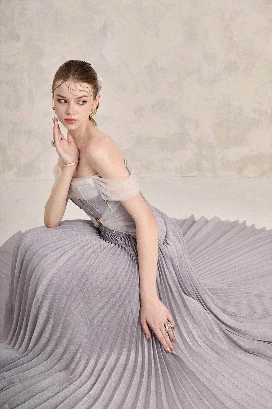 Riona Pleated Off-Shoulder Silk Floor Length Dress Gown Dress LINH PHUNG