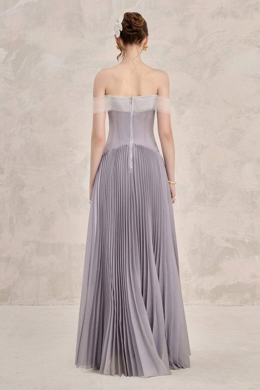 Riona Pleated Off-Shoulder Silk Floor Length Dress Gown Dress LINH PHUNG