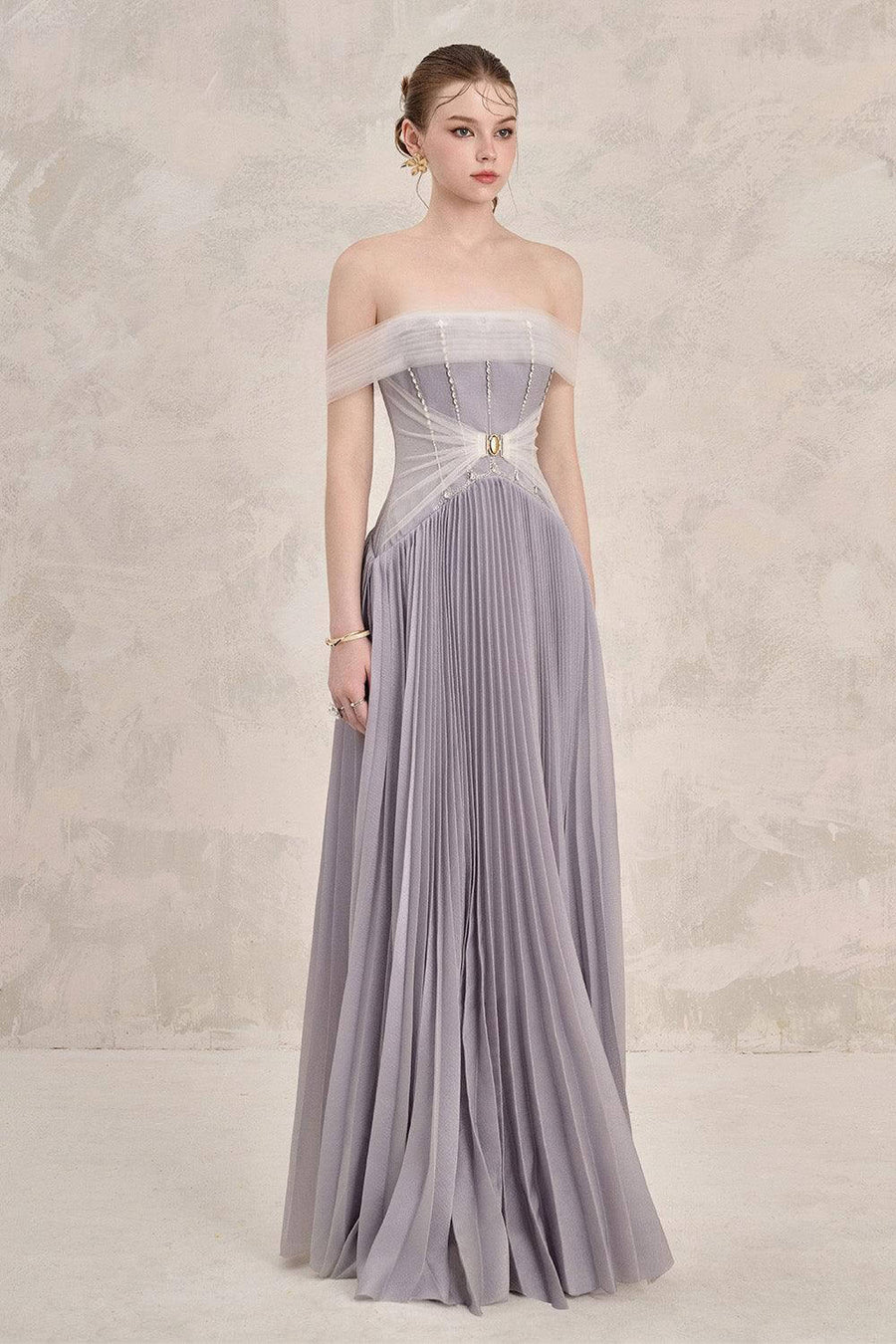 Riona Pleated Off-Shoulder Silk Floor Length Dress Grey Gown Dress LINH PHUNG