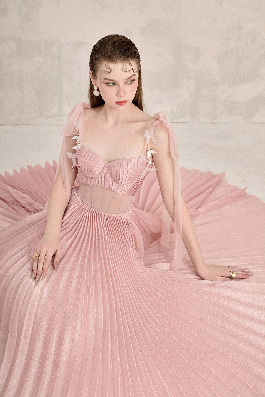 Rosalie Pleated Corset Waist Silk Midi Dress Midi Dress LINH PHUNG