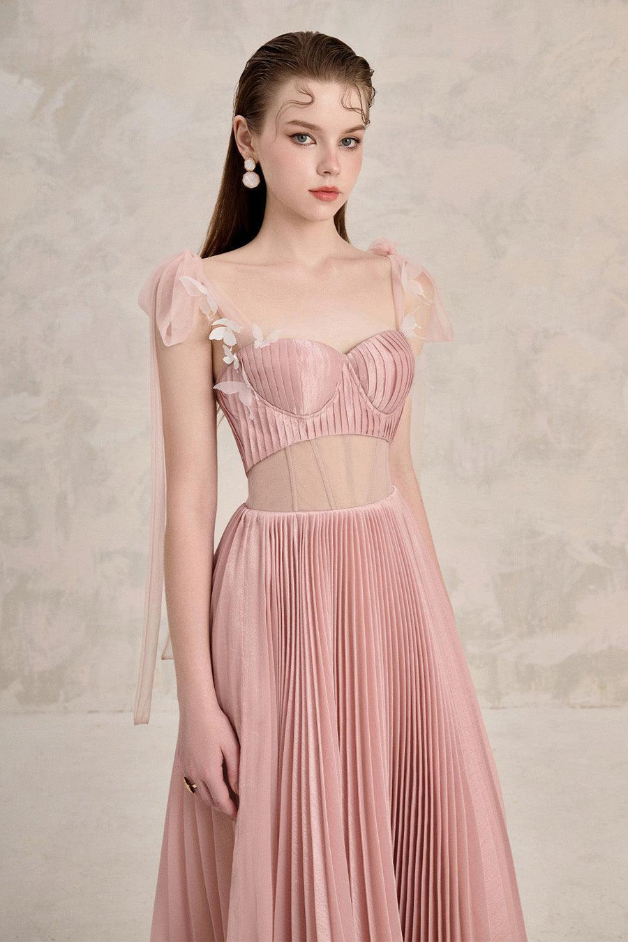 Rosalie Pleated Corset Waist Silk Midi Dress Quartz Pink Midi Dress LINH PHUNG