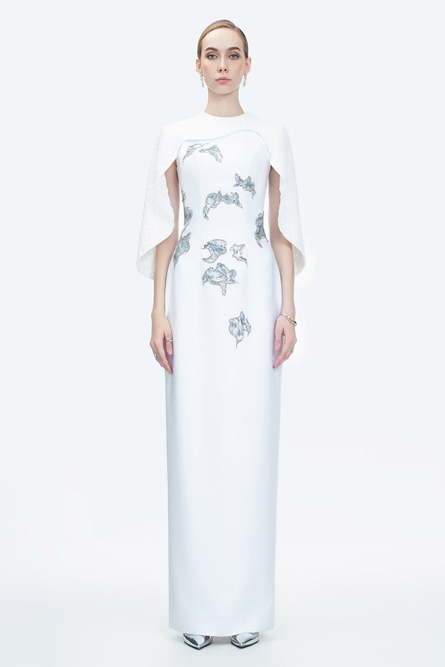 Lustre Reverie Sheath Cape Sleeved Zibeline Floor Length Dress 13