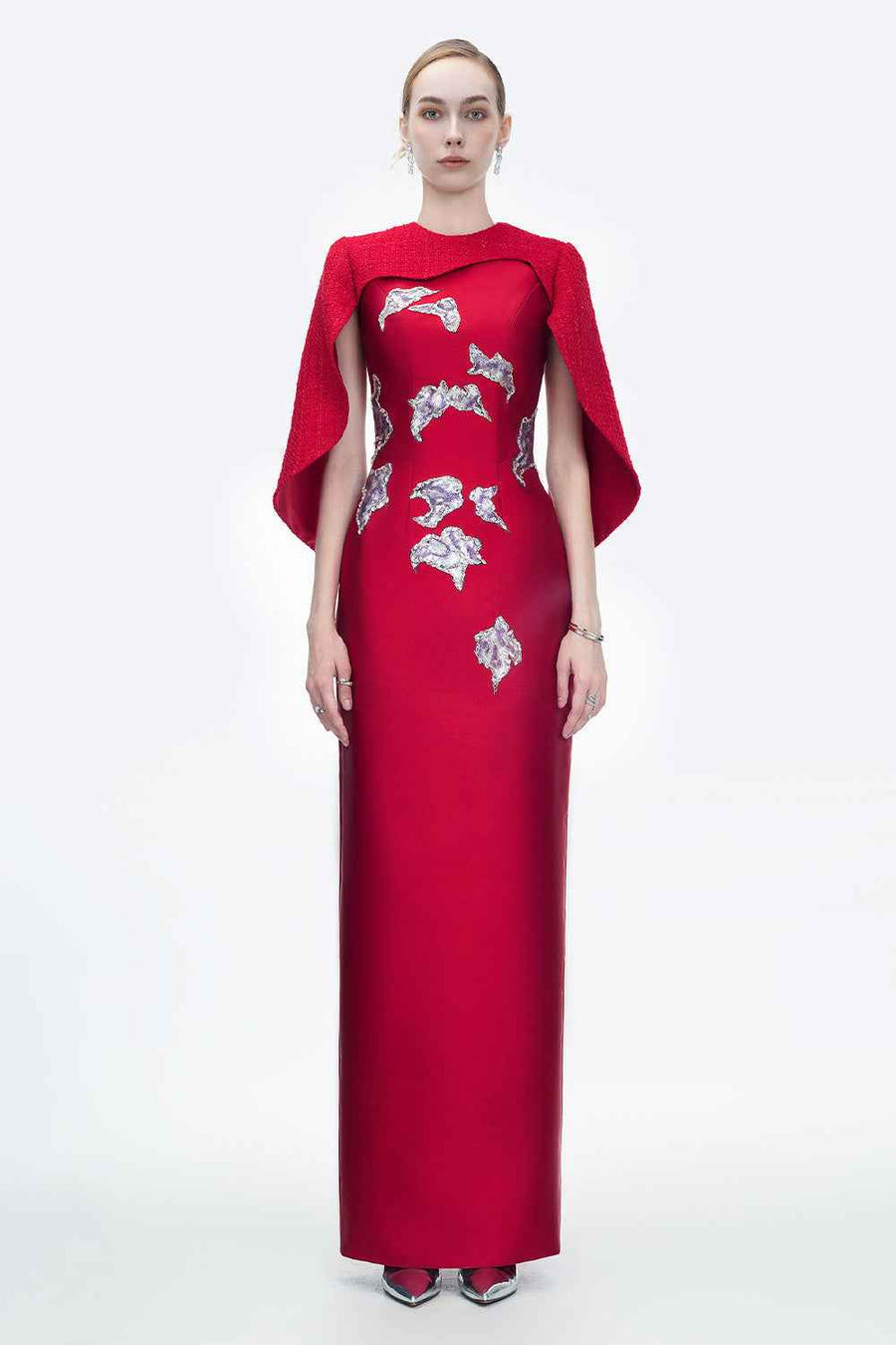 Lustre Reverie Sheath Cape Sleeved Zibeline Floor Length Dress