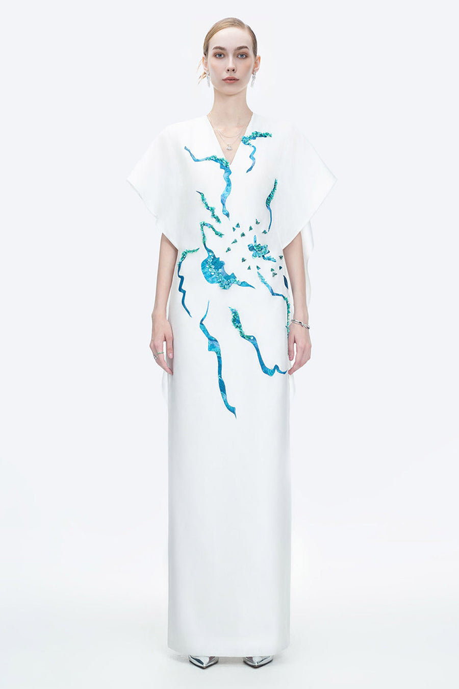 Himalayan Straight V-Neck Organza Floor Length Dress 13