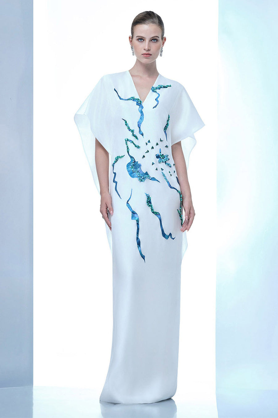 Himalayan Straight V-Neck Organza Floor Length Dress 10