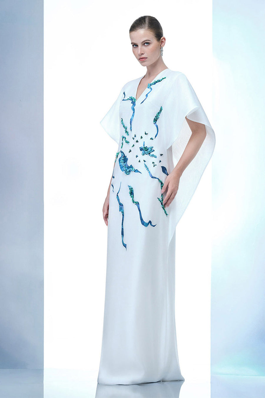 Himalayan Straight V-Neck Organza Floor Length Dress 9