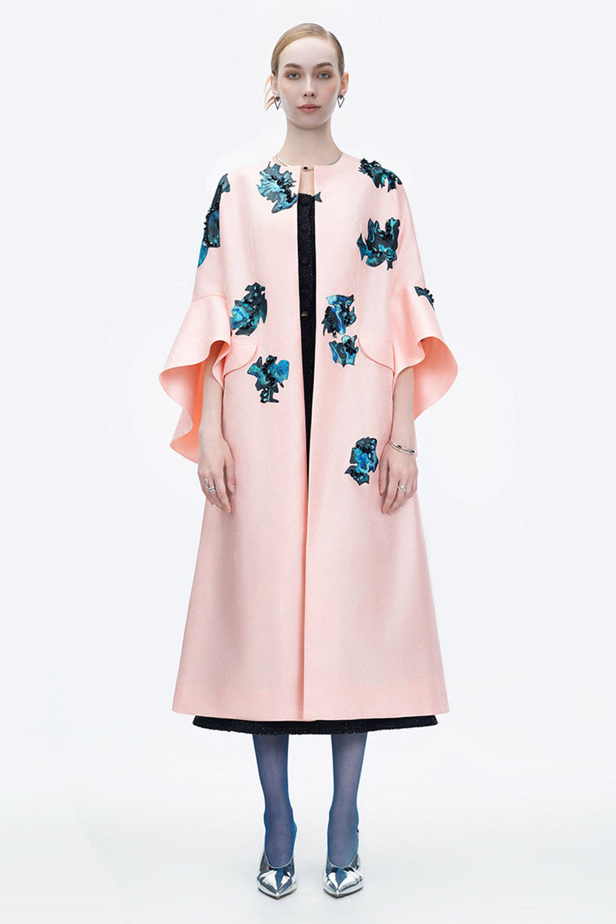 Inner Blossom Trapezoid Bell Sleeved Zibeline Calf Length Coat 8