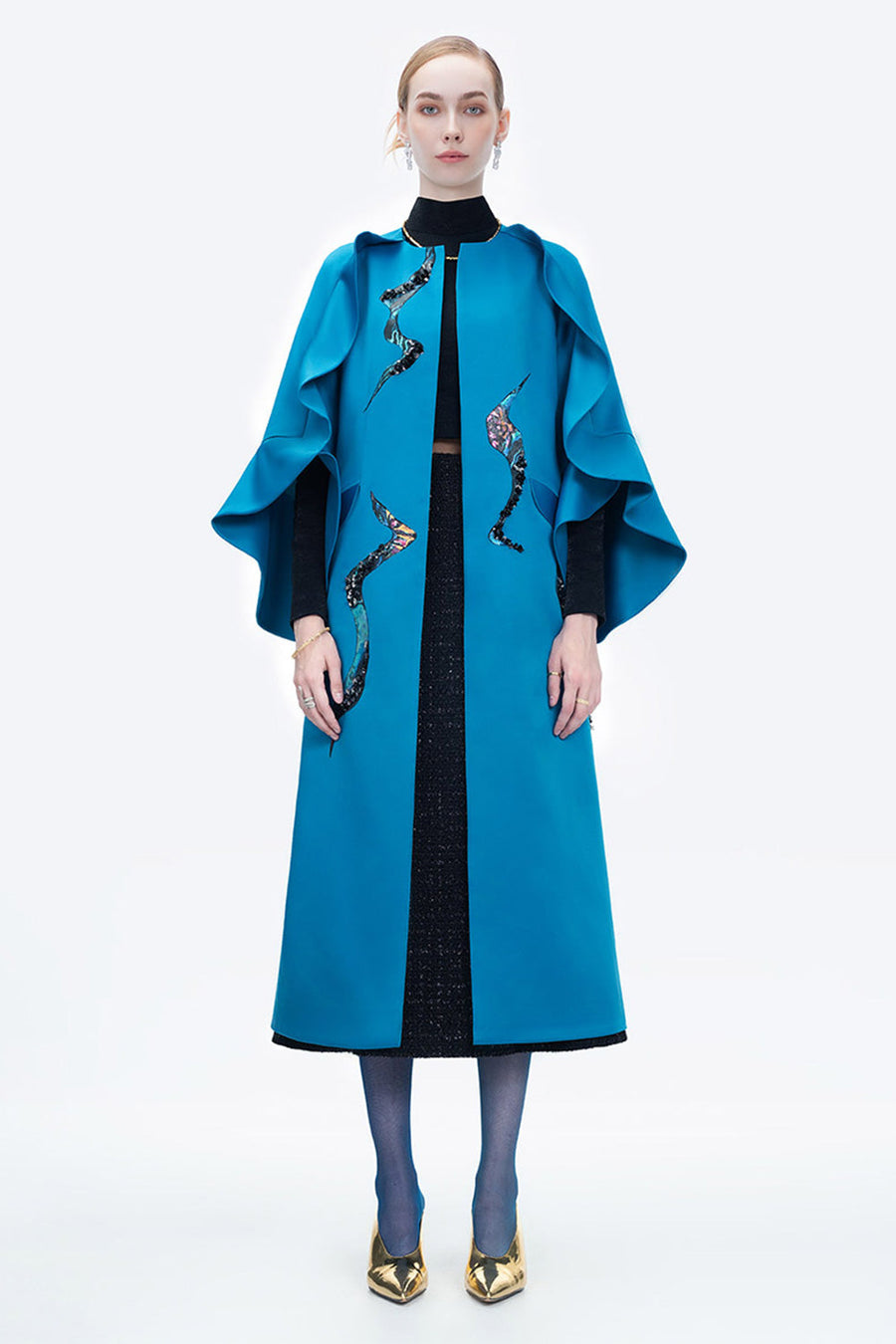 Poppy Of The Moon Coat Trapezoid Ruffle Trim Twill Calf Length Coat 9