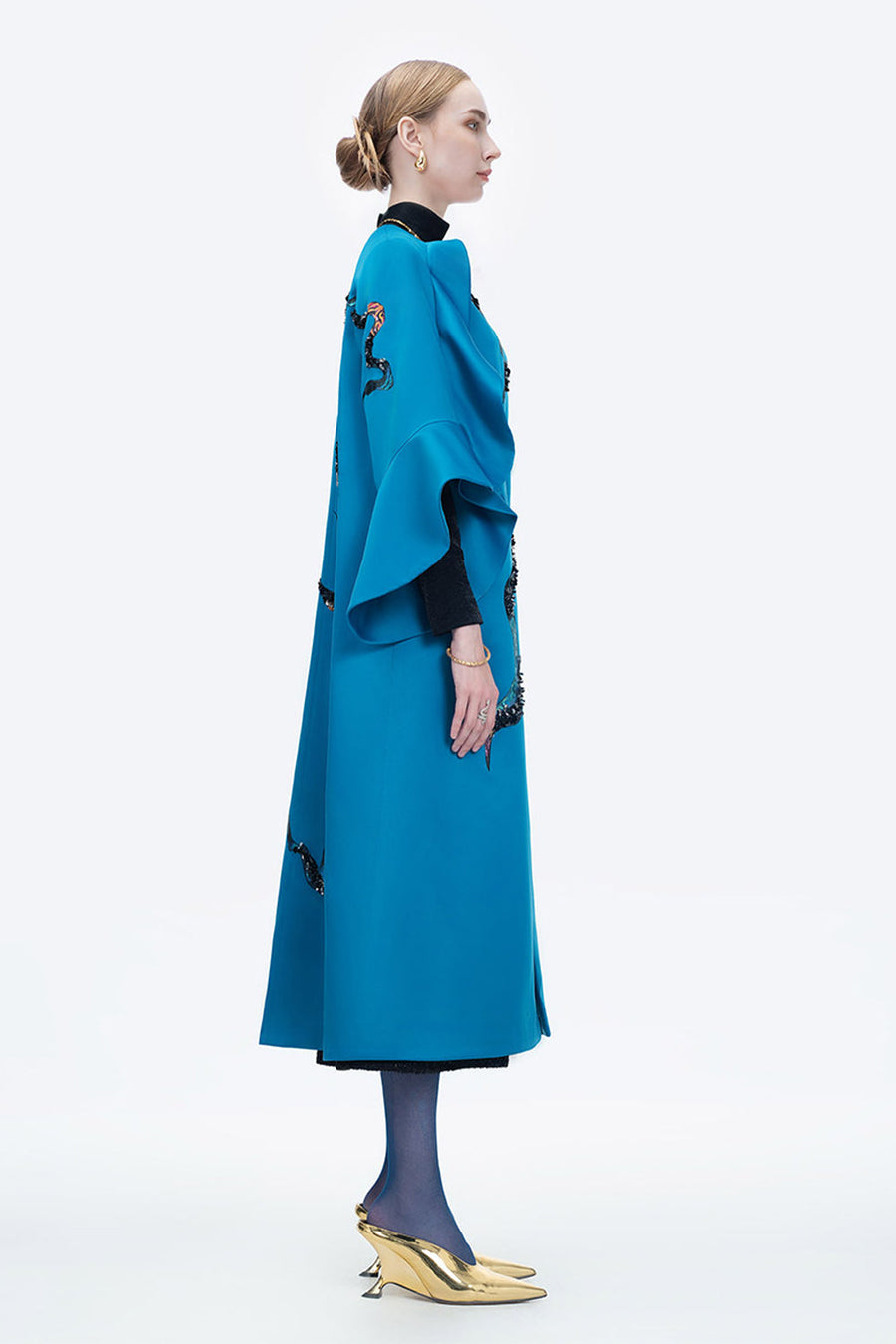 Poppy Of The Moon Coat Trapezoid Ruffle Trim Twill Calf Length Coat 7