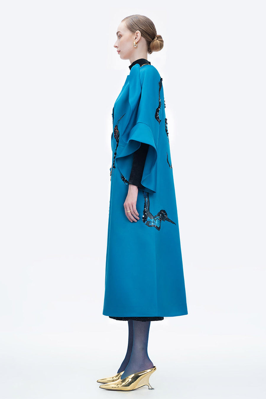 Poppy Of The Moon Coat Trapezoid Ruffle Trim Twill Calf Length Coat 8