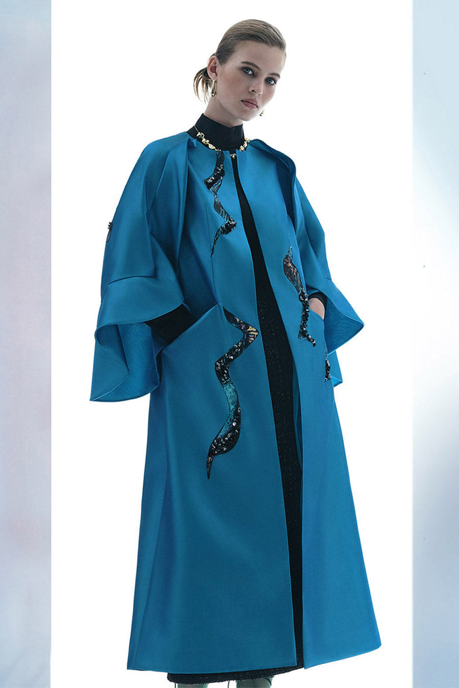 Poppy Of The Moon Coat Trapezoid Ruffle Trim Twill Calf Length Coat 5