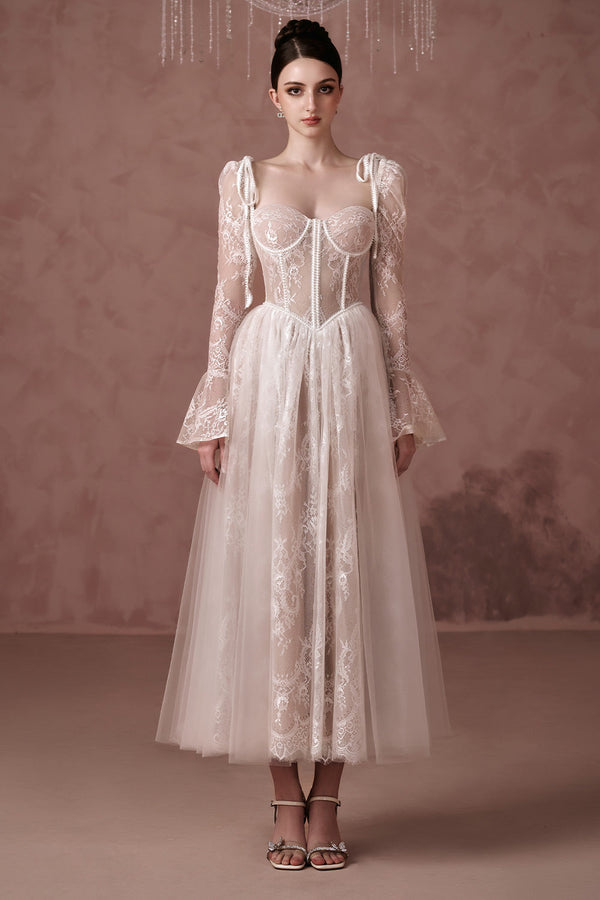 Clover A-line Poet Sleeved Silk Lace Ankle Length Dress 1