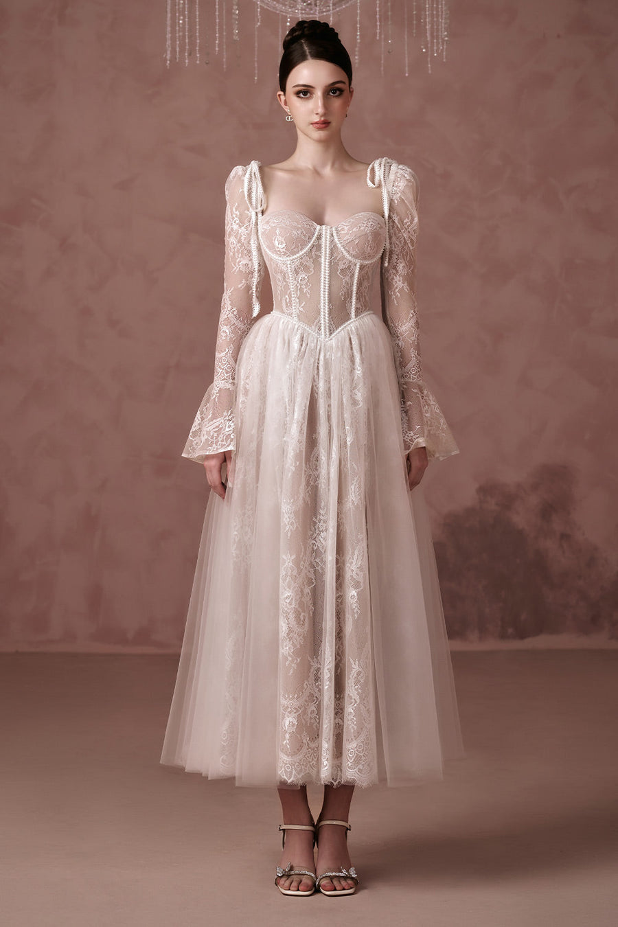 Clover A-line Poet Sleeved Silk Lace Ankle Length Dress 1