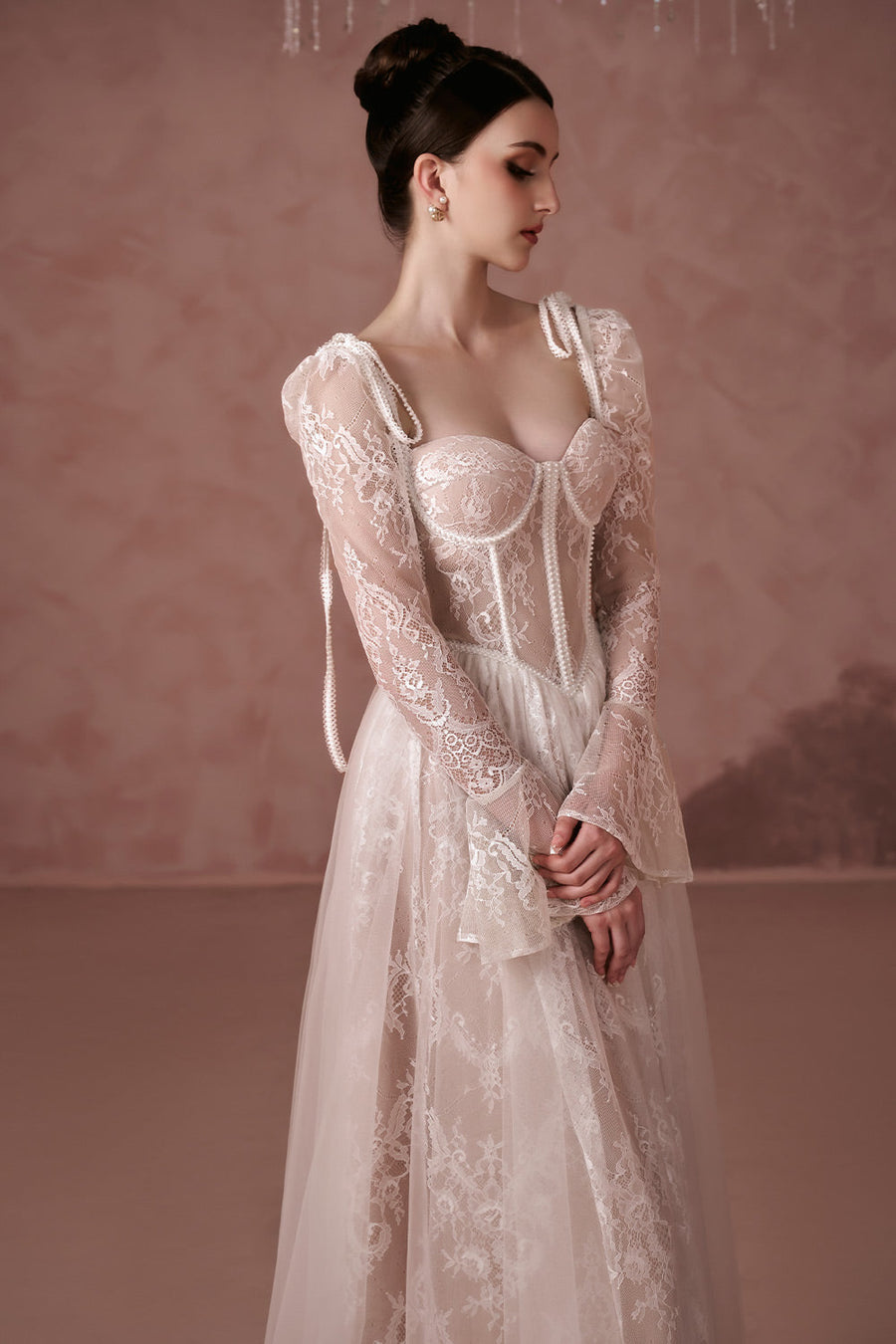Clover A-line Poet Sleeved Silk Lace Ankle Length Dress 3