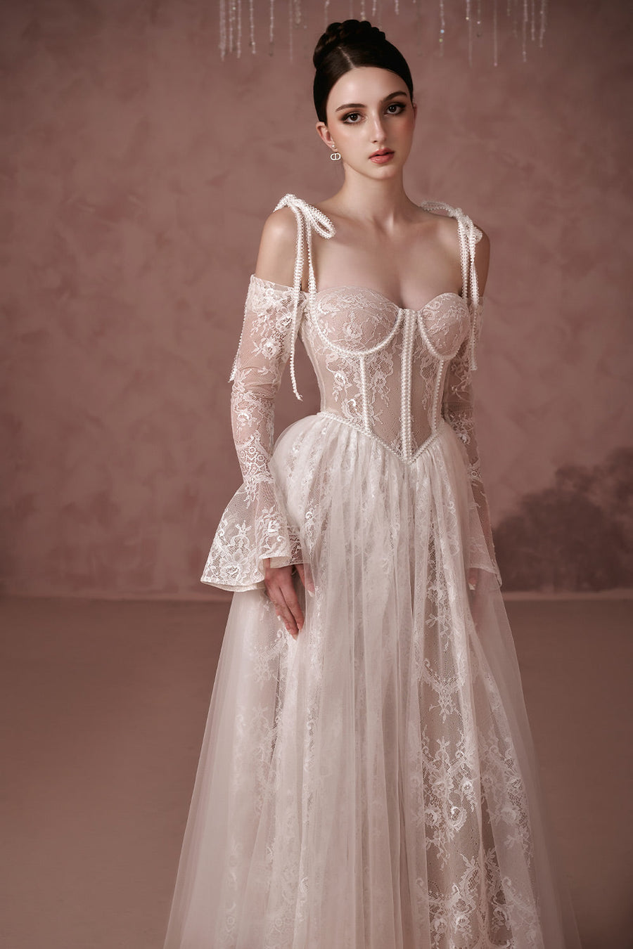 Clover A-line Poet Sleeved Silk Lace Ankle Length Dress 4