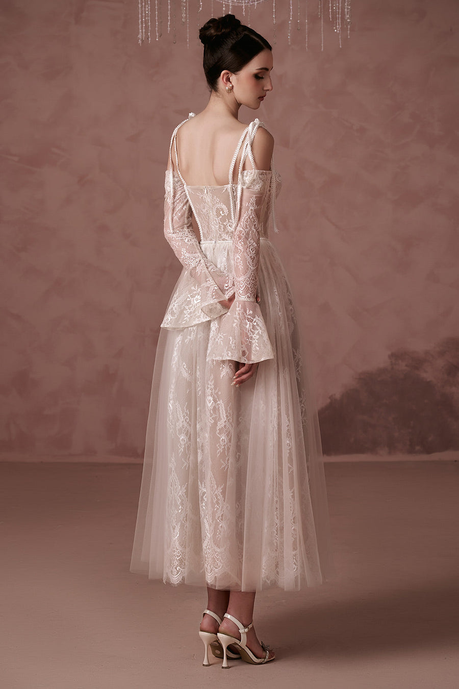 Clover A-line Poet Sleeved Silk Lace Ankle Length Dress 5