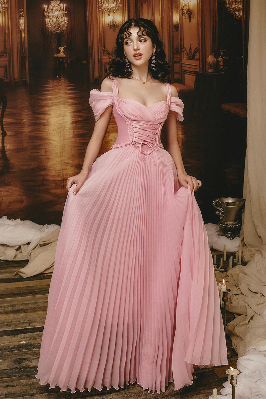 The Whisper Pleated Cold Shoulder Sleeved Mesh Silk Floor Length Dress 3