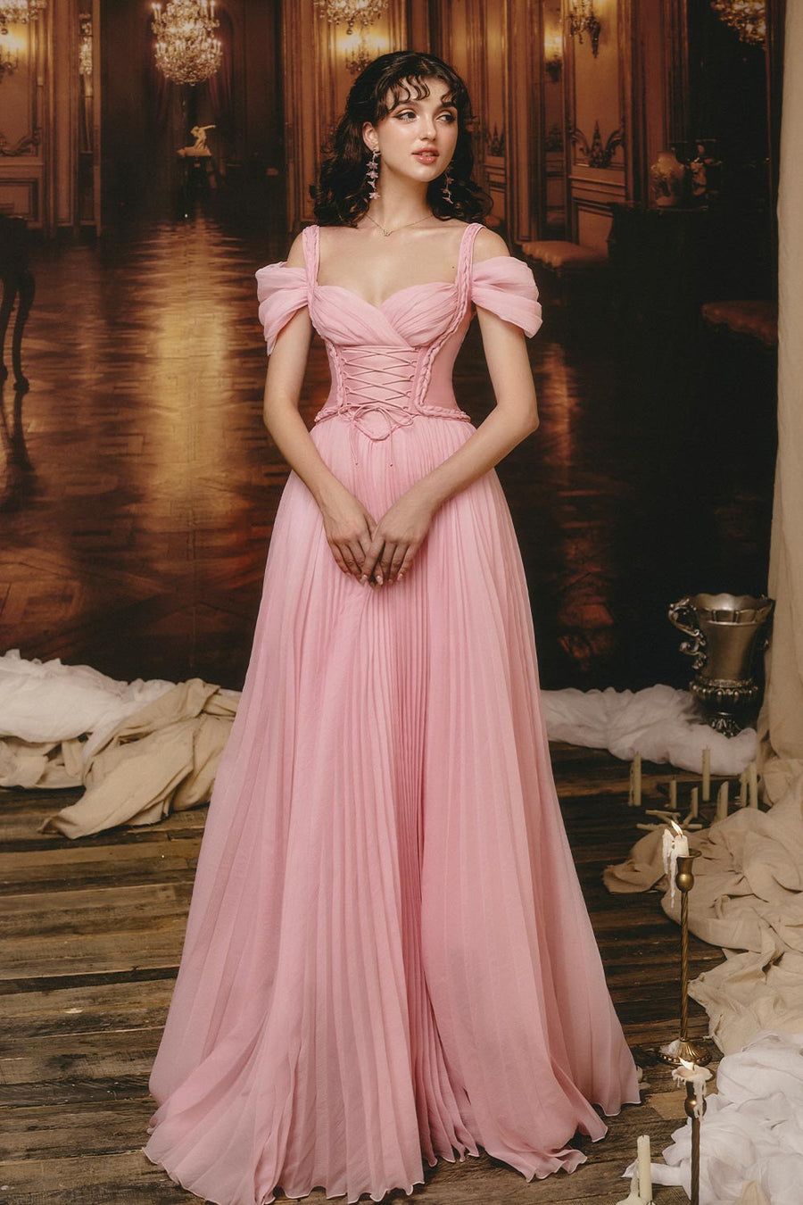 The Whisper Pleated Cold Shoulder Sleeved Mesh Silk Floor Length Dress 5