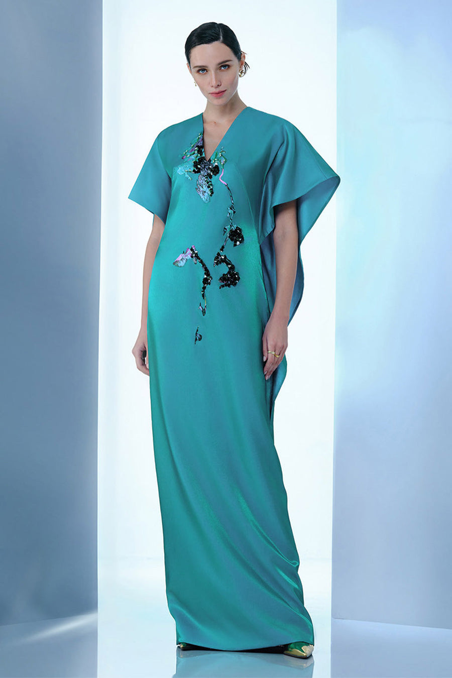 Himalayan Straight V-Neck Organza Floor Length Dress 4