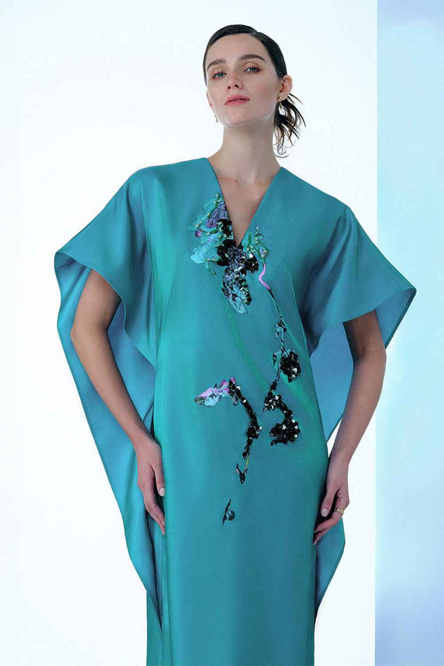 Himalayan Straight V-Neck Organza Floor Length Dress