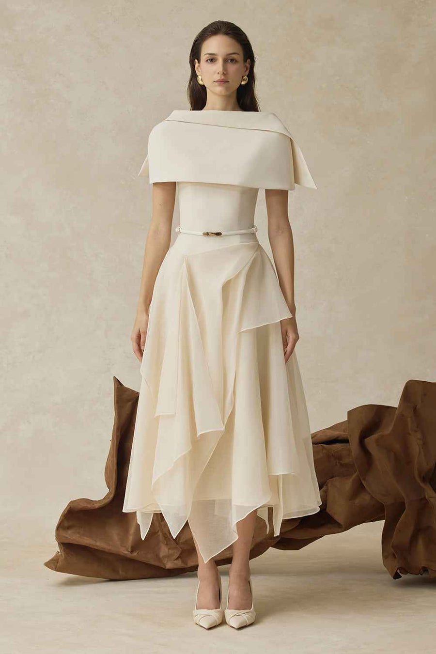 Seraphelle Cape Sleeve Ruffle Midi Dress