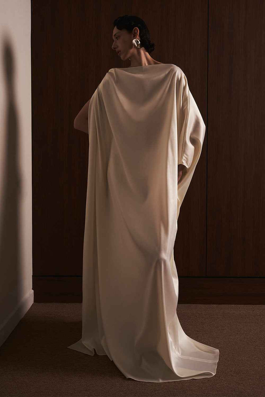 Quyen Trapezoid Boat Neck Satin Maxi Dress