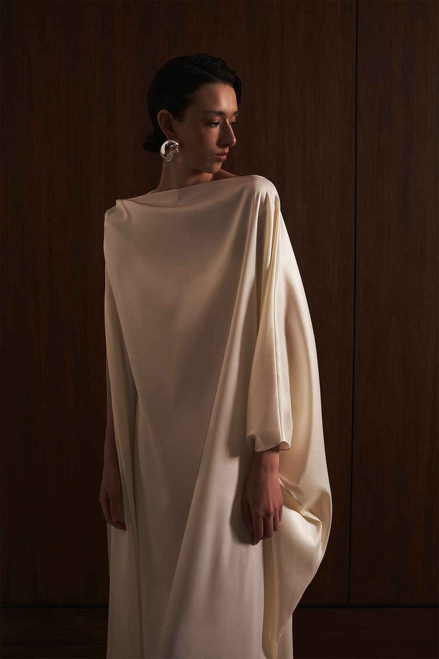 Quyen Trapezoid Boat Neck Satin Maxi Dress