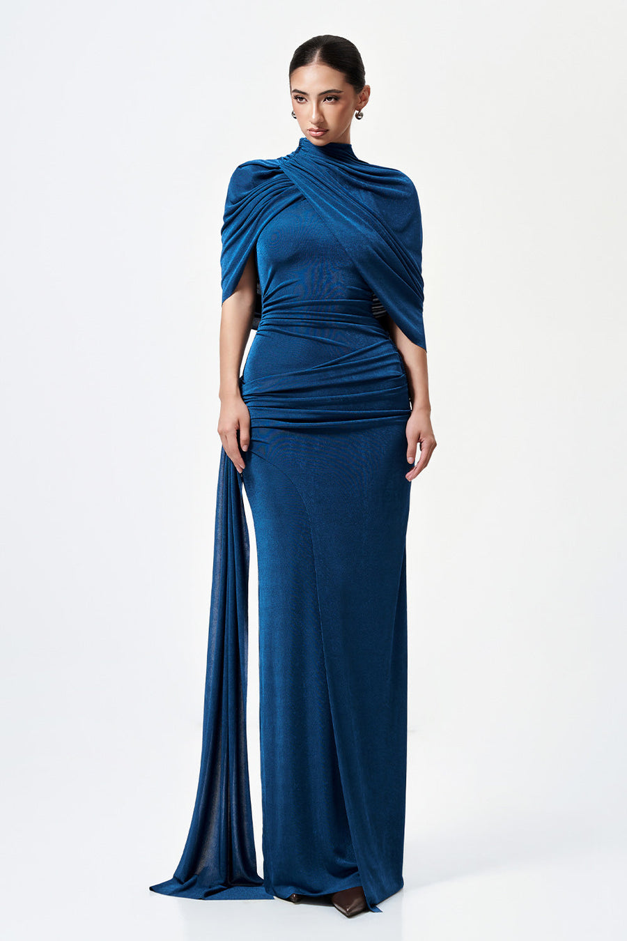 Athena Sheath Cape Shoulder Elastic Cotton Maxi Dress 5