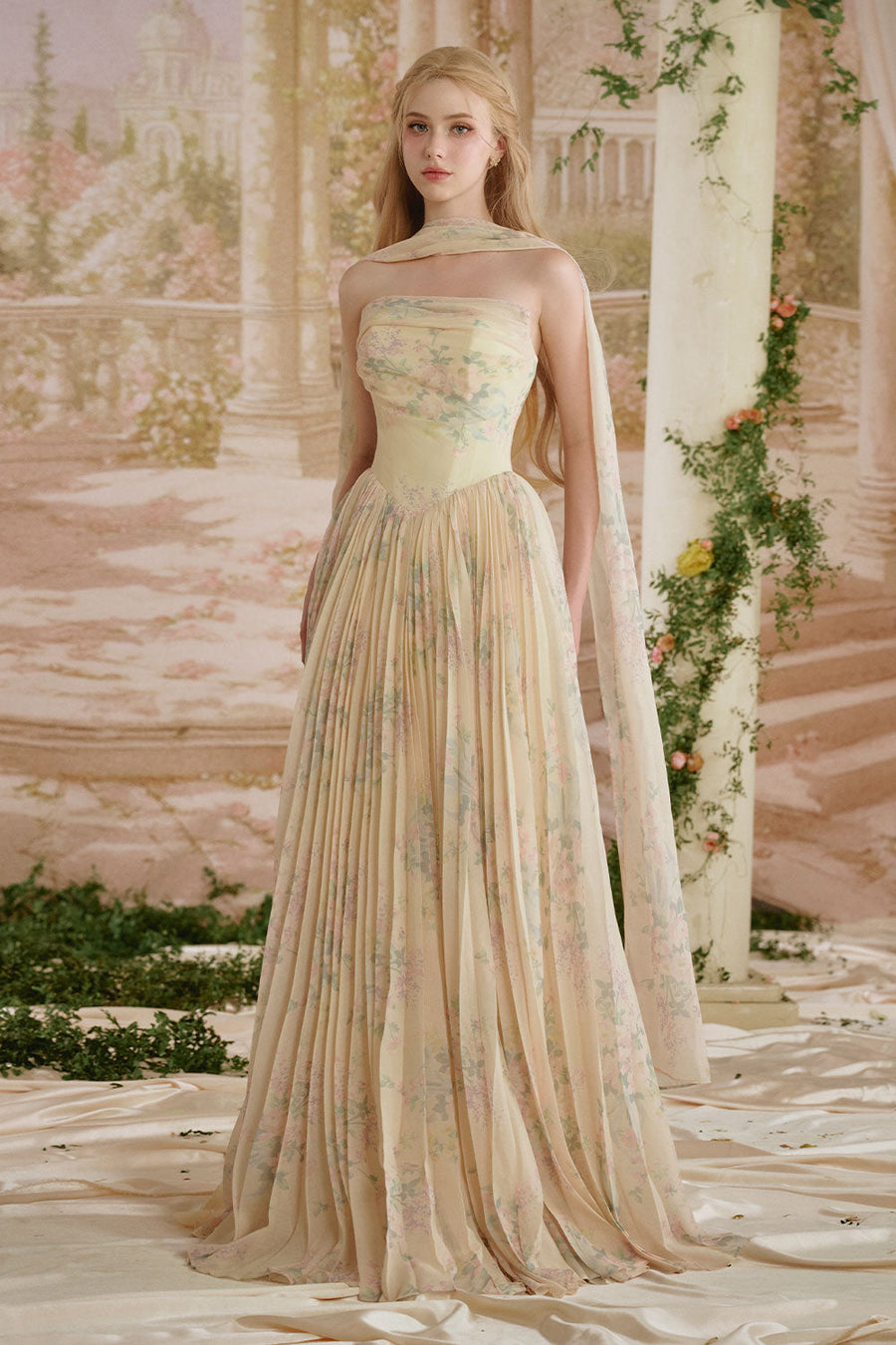 Amelia A-line Pleated Mesh Silk Floor Length Dress 1