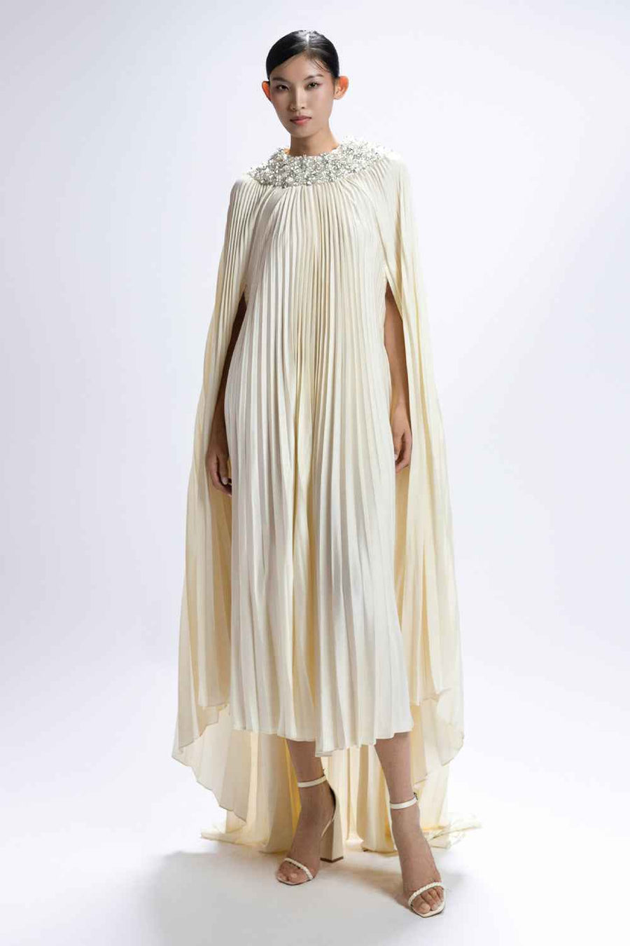 Solene Cape Sleeve Pleated Maxi Dress