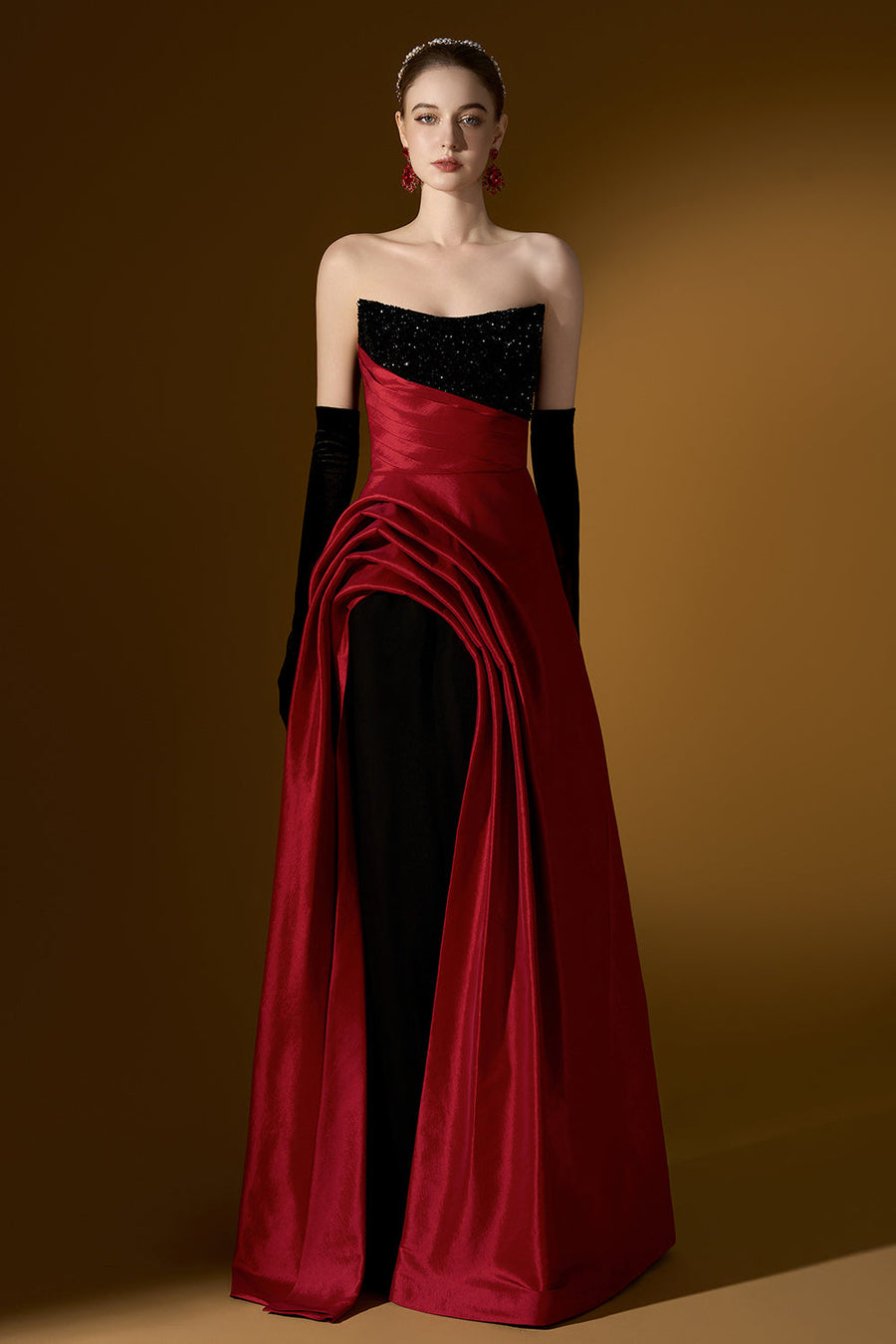 Estelle Asymmetric Curved Neck Taffeta Floor Length Dress 13