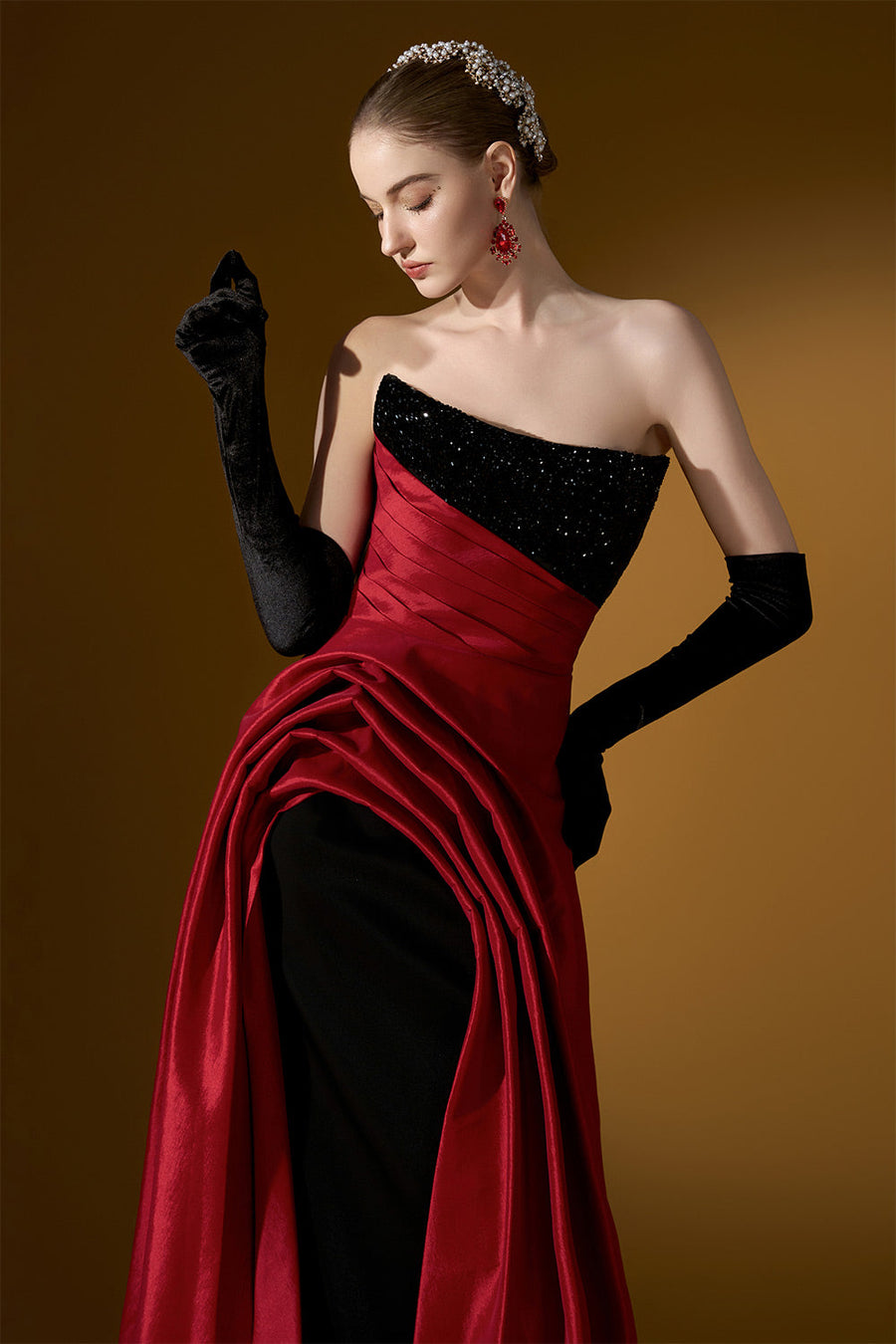 Estelle Asymmetric Curved Neck Taffeta Floor Length Dress 4