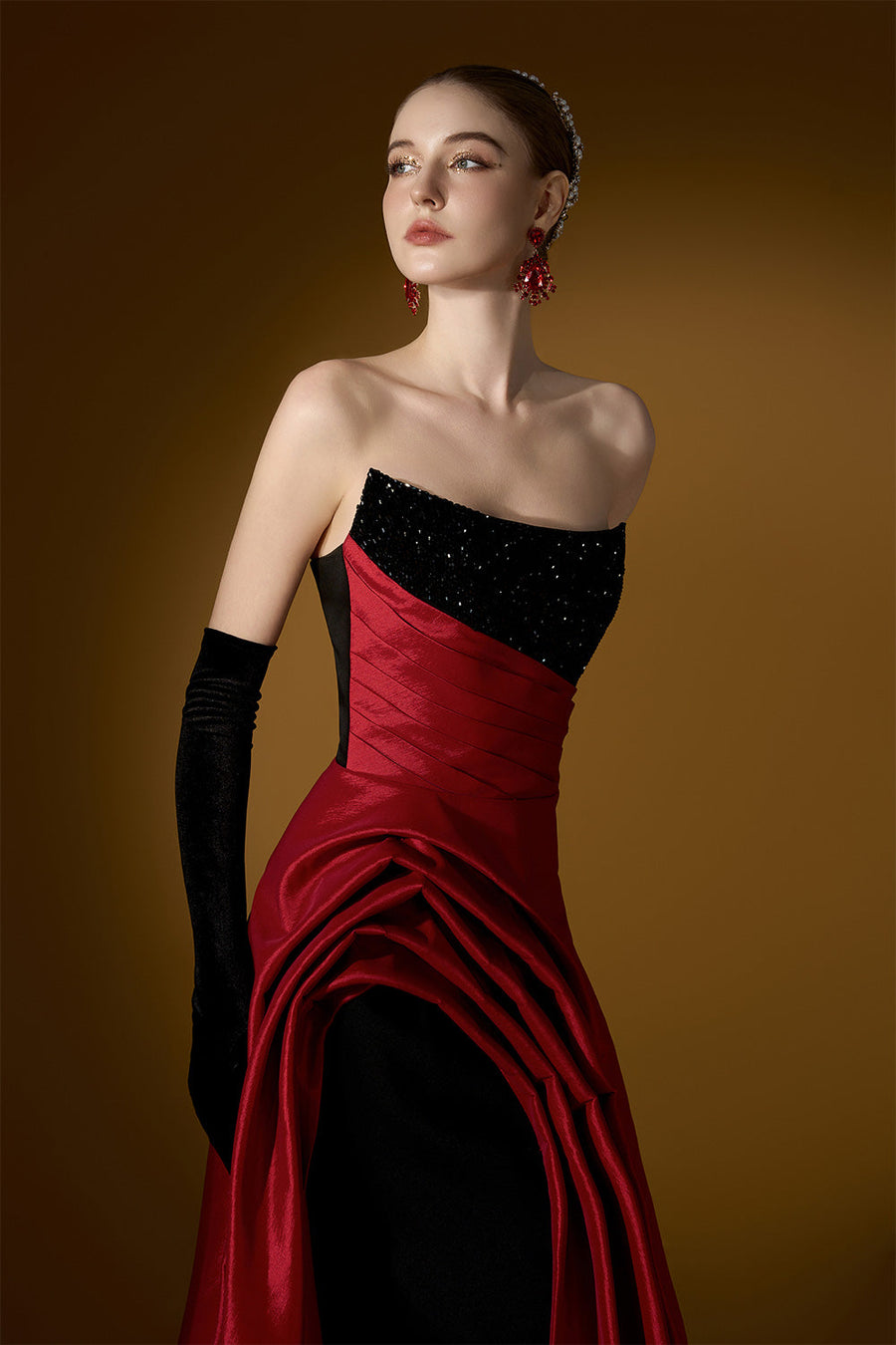 Estelle Asymmetric Curved Neck Taffeta Floor Length Dress 3