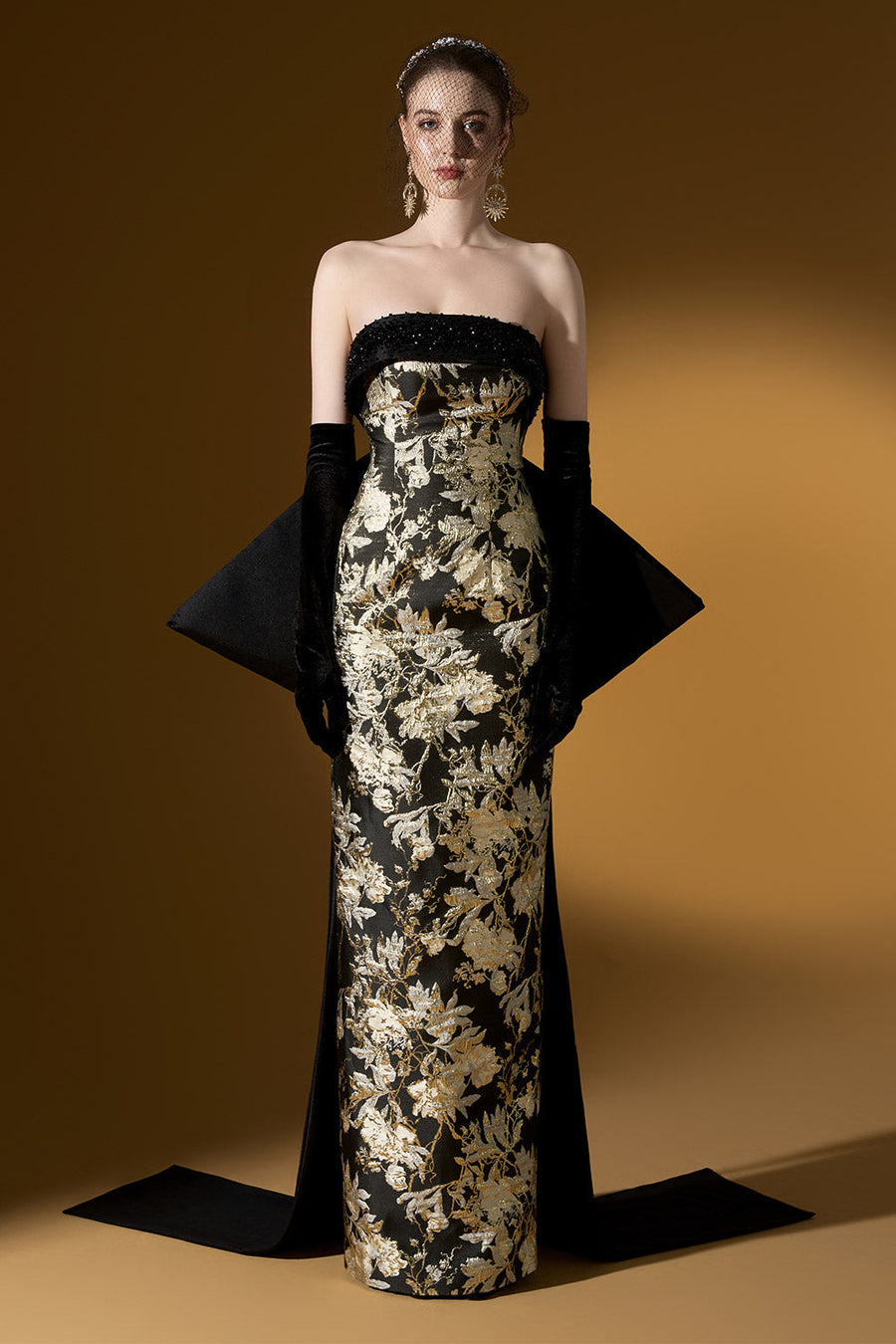 Bellamy Strapless Bow Tie Jacquard Floor Length Dress 9
