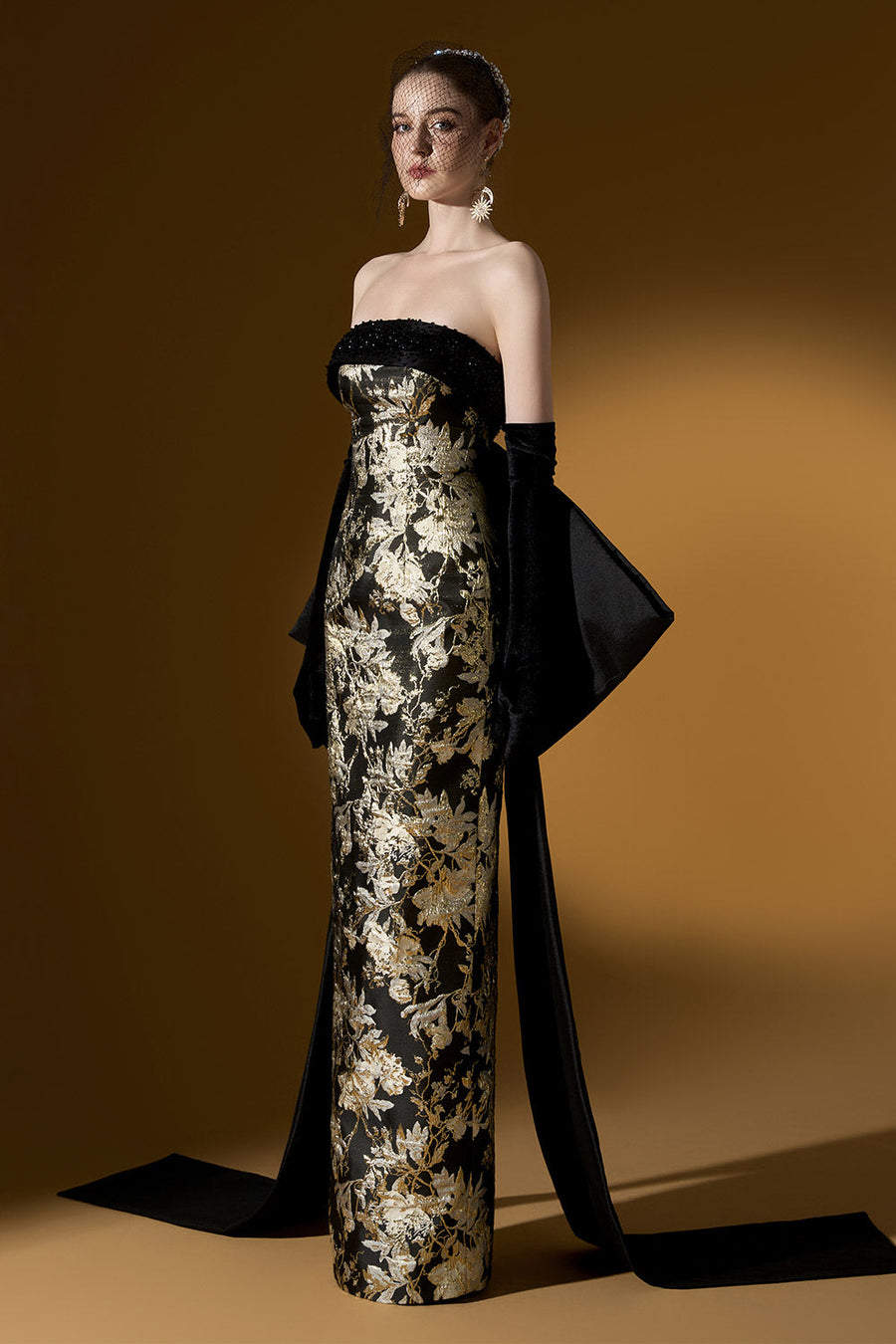 Bellamy Strapless Bow Tie Jacquard Floor Length Dress 6