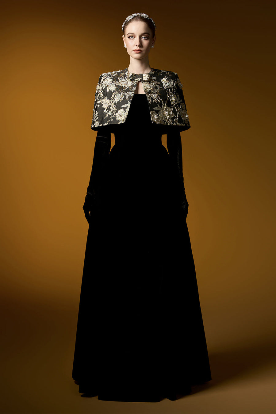 Averi Ball Gown Cape Shoulder Velvet Floor Length Set 9