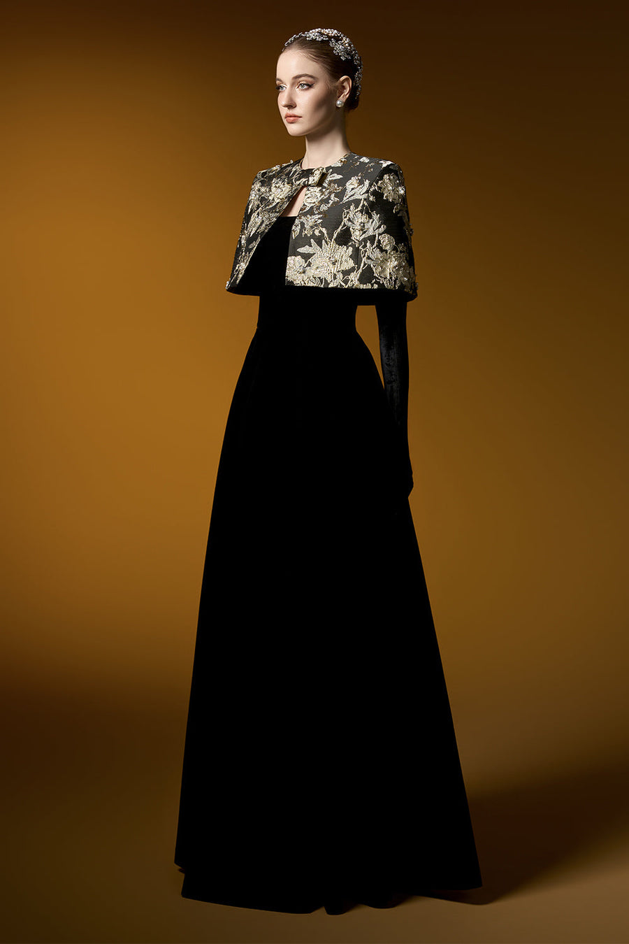 Averi Ball Gown Cape Shoulder Velvet Floor Length Set 5