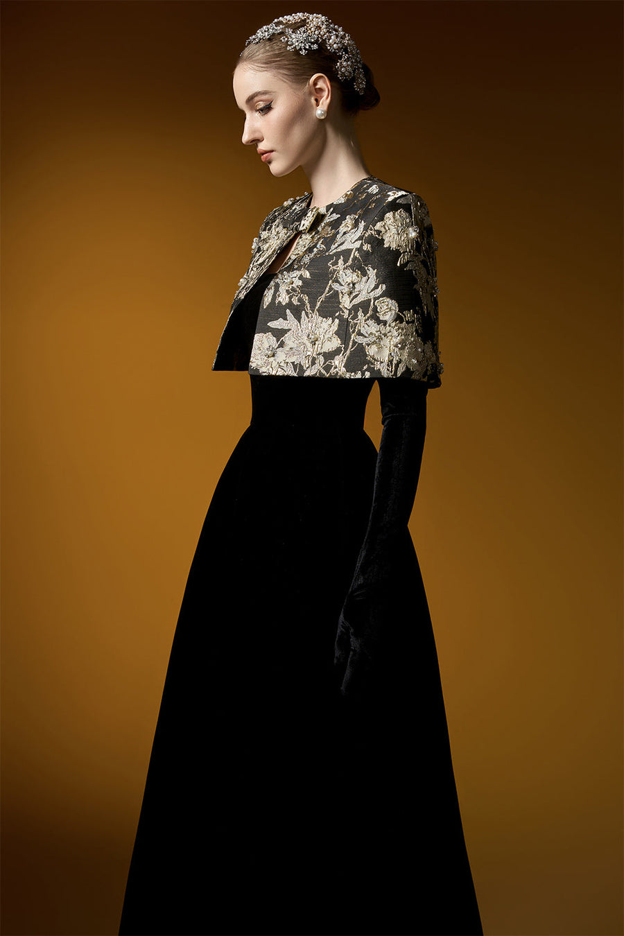 Averi Ball Gown Cape Shoulder Velvet Floor Length Set 4