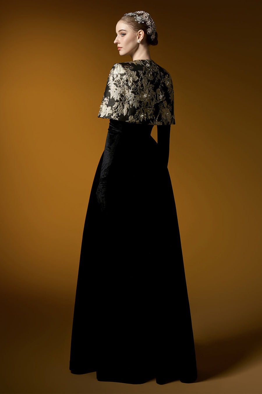 Averi Ball Gown Cape Shoulder Velvet Floor Length Set 6