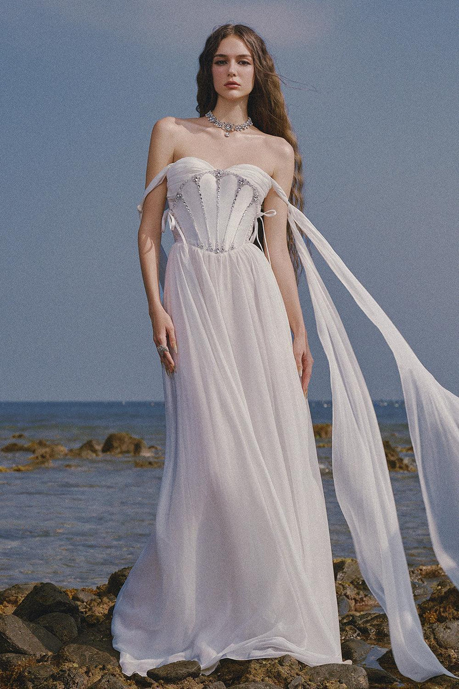 The Lake Gathered Sweetheart Neck Chiffon Floor Length Dress Gown Dress LINH PHUNG