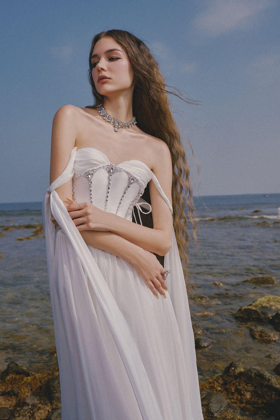 The Lake Gathered Sweetheart Neck Chiffon Floor Length Dress Gown Dress LINH PHUNG