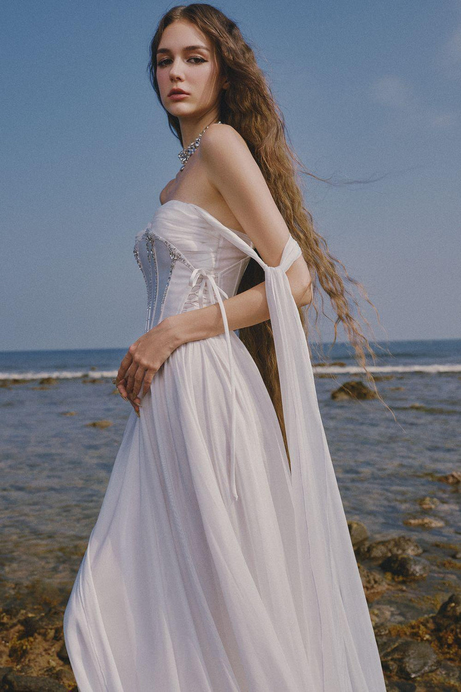 The Lake Gathered Sweetheart Neck Chiffon Floor Length Dress Gown Dress LINH PHUNG