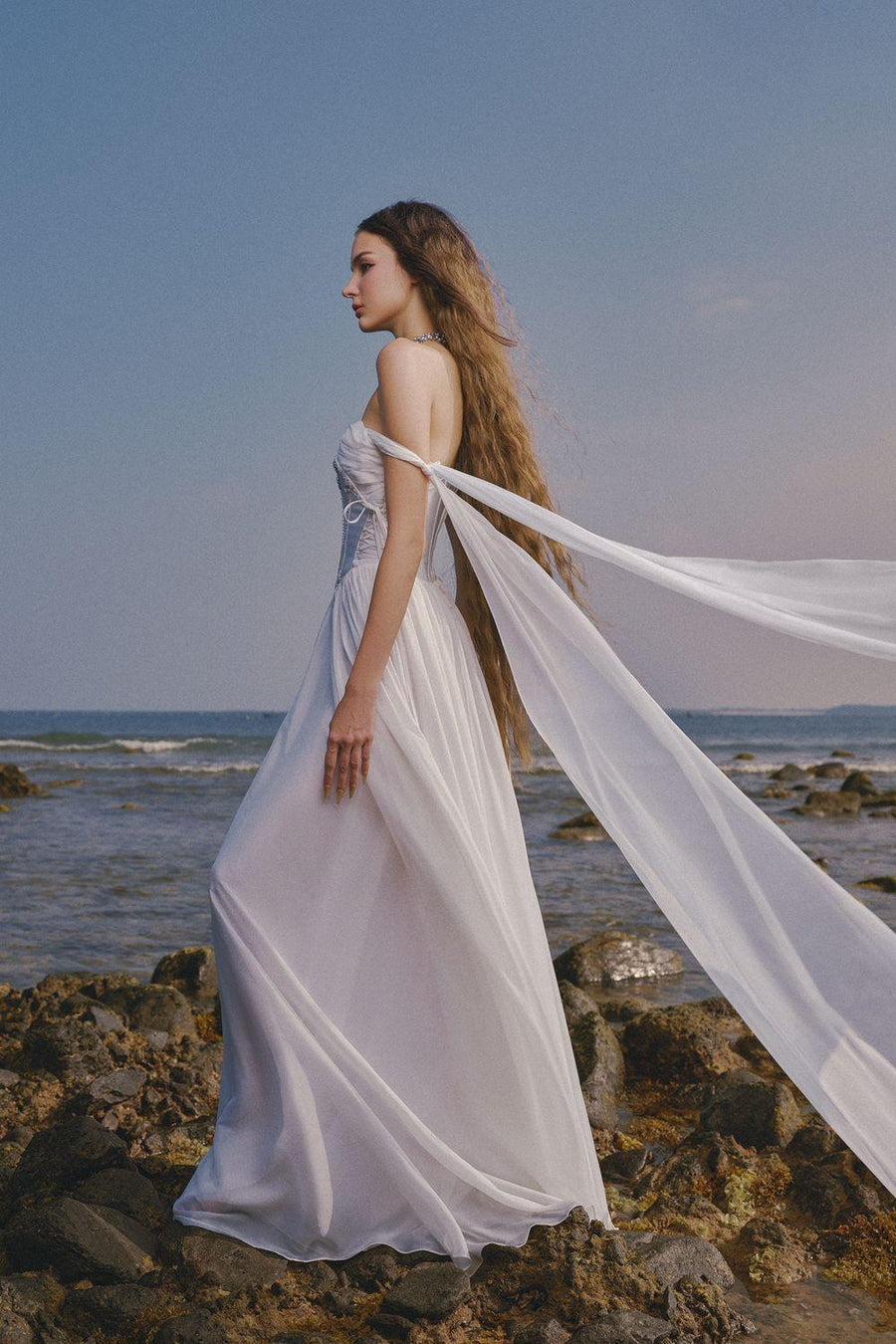 The Lake Gathered Sweetheart Neck Chiffon Floor Length Dress White Gown Dress LINH PHUNG