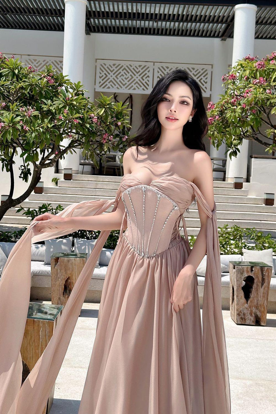 The Lake Gathered Sweetheart Neck Chiffon Floor Length Dress Pink Nude Gown Dress LINH PHUNG