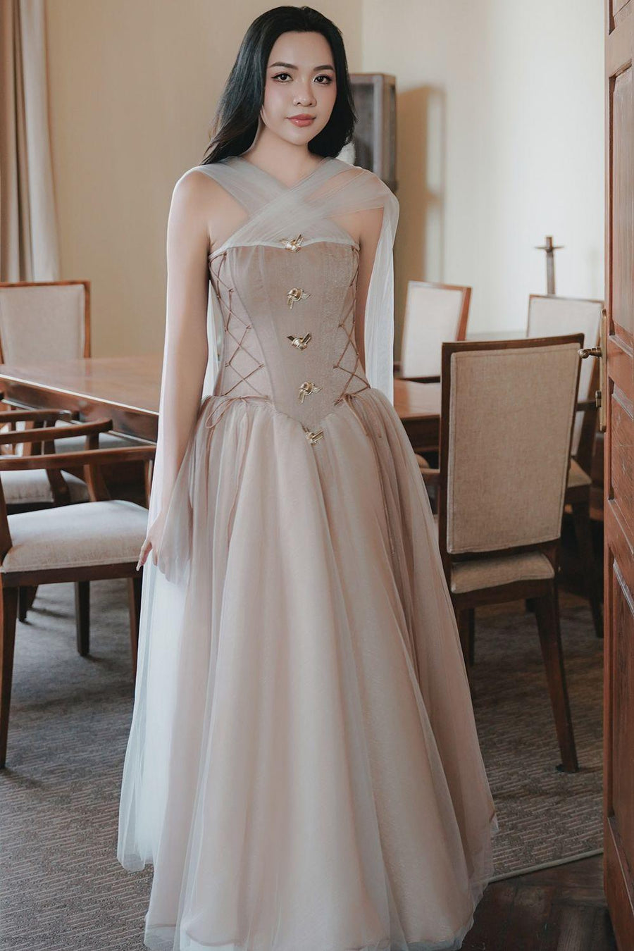 The Ocean Fit and Flare Corset Waist Chiffon Midi Dress Nude Midi Dress LINH PHUNG