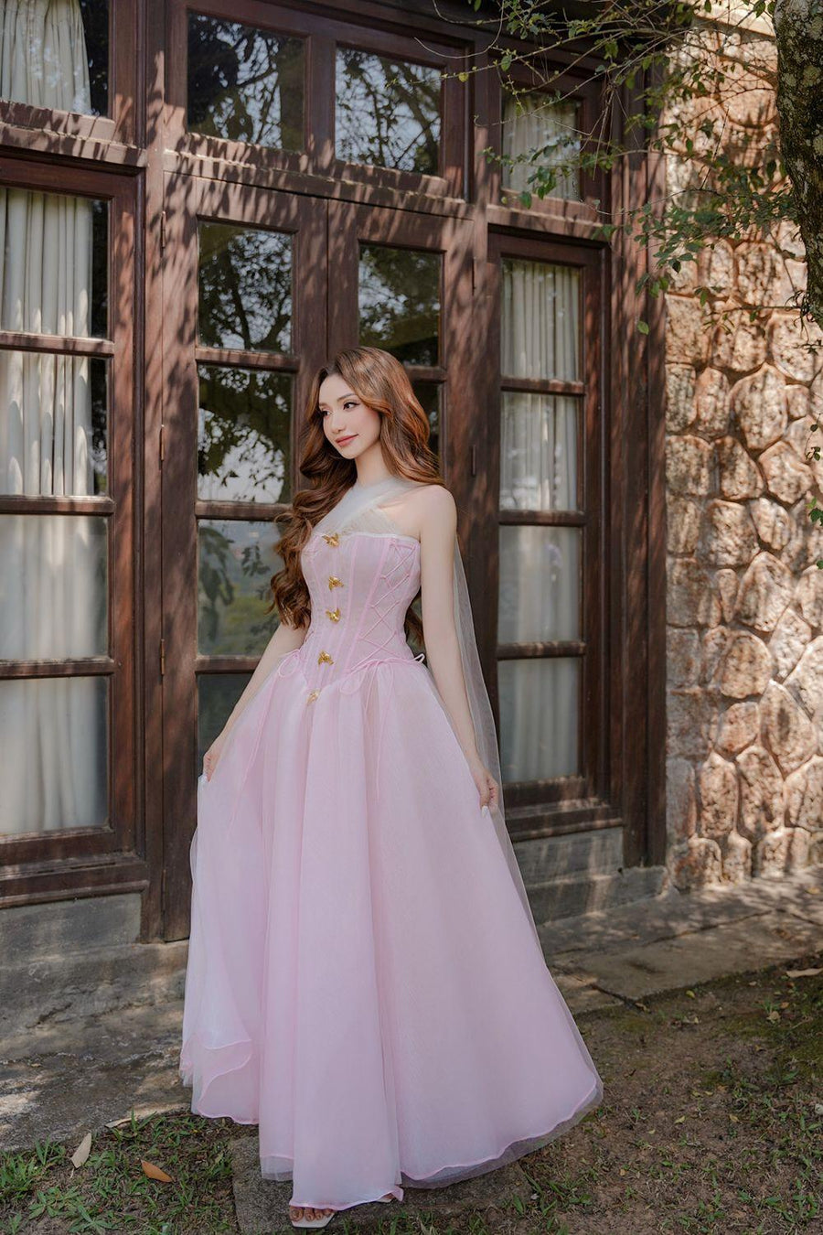 The Ocean Fit and Flare Corset Waist Chiffon Midi Dress Pink Midi Dress LINH PHUNG
