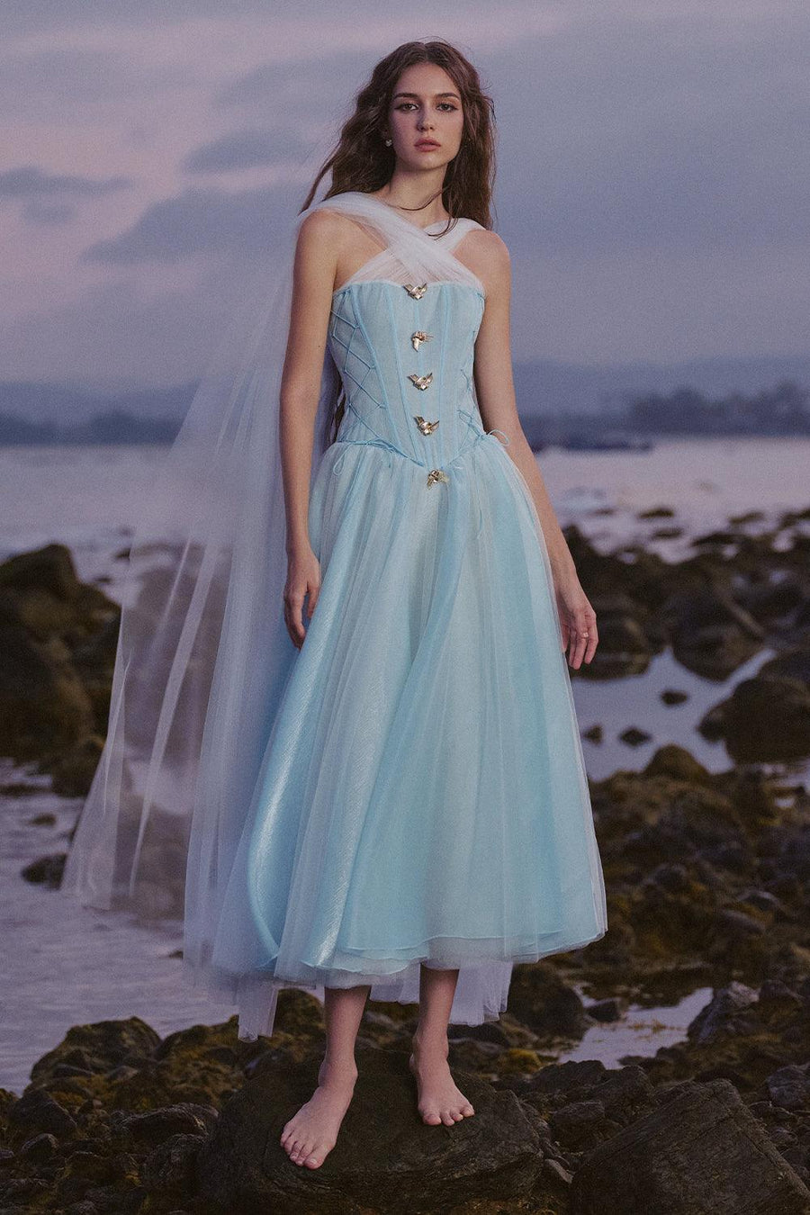 The Ocean Fit and Flare Corset Waist Chiffon Midi Dress Midi Dress LINH PHUNG