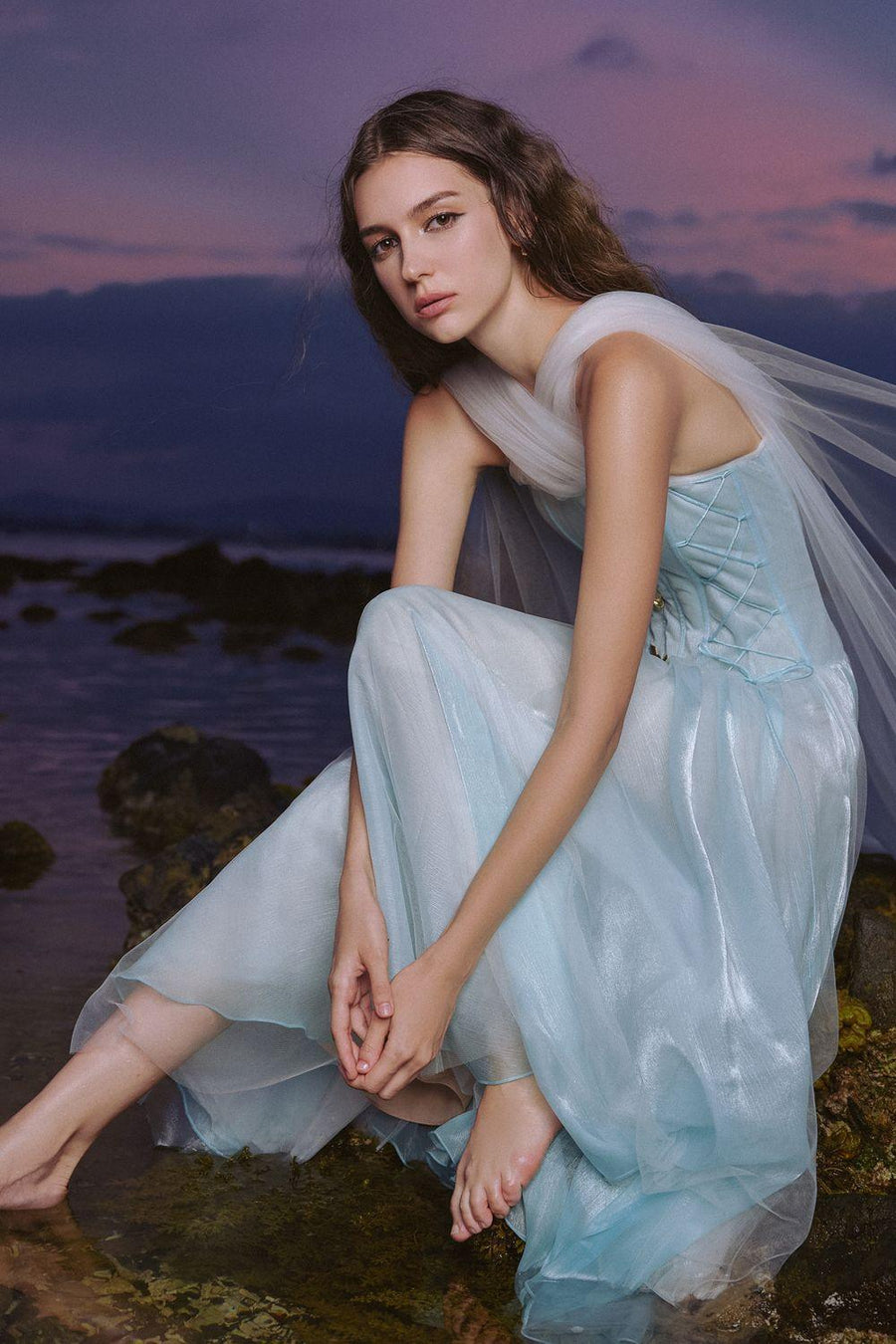 The Ocean Fit and Flare Corset Waist Chiffon Midi Dress Midi Dress LINH PHUNG