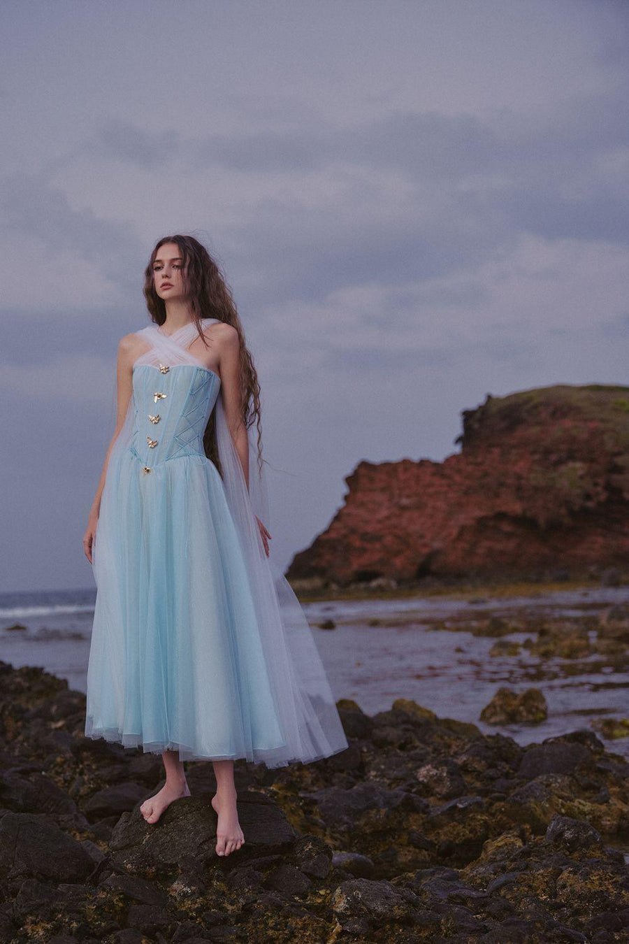The Ocean Fit and Flare Corset Waist Chiffon Midi Dress Blue Midi Dress LINH PHUNG