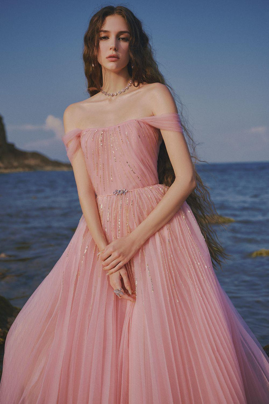 The Star A-line Off-Shoulder Mesh Midi Dress Pink Midi Dress LINH PHUNG